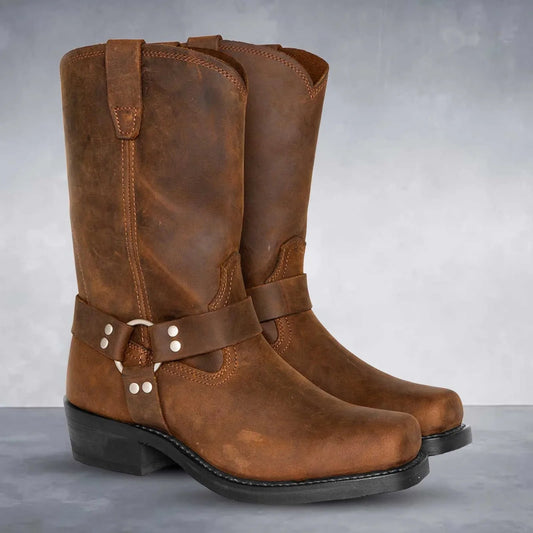 Unisex cowboyboots – läder – mellanhöga – harnessdetalj – pull-on västerstil