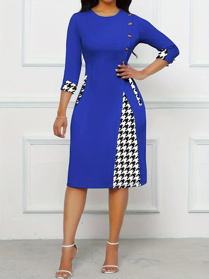 Klänning för Dam - Knälång Bodycon - Rund Hals - Trettondelsärm - Houndstooth Detaljer - Eleganta Knappar