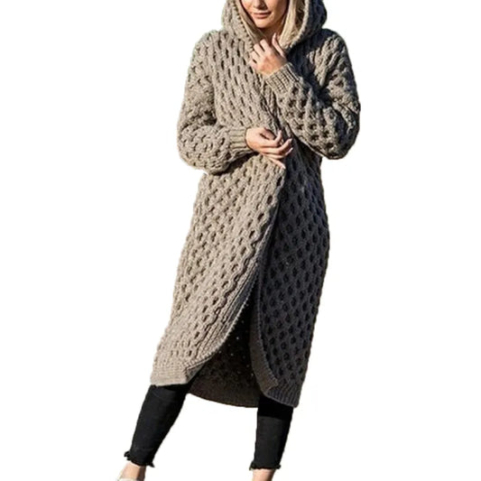 Damjacka med huva – Avslappnad passform – Lång modell – Kabelstickad – Öppen front