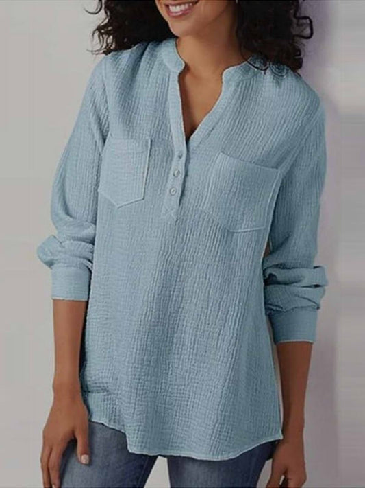 Textured Long Sleeve Blouse with Split Neck and Relaxed Fit