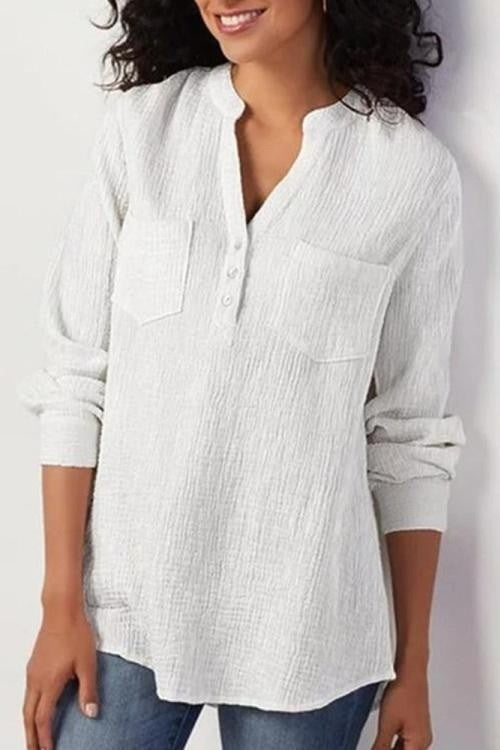 Textured Long Sleeve Blouse with Split Neck and Relaxed Fit
