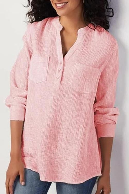 Textured Long Sleeve Blouse with Split Neck and Relaxed Fit