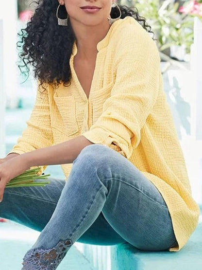 Textured Long Sleeve Blouse with Split Neck and Relaxed Fit