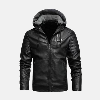 Herrjacka i Konstläder – Slim Fit – Huva – Quiltade Axlar – Dragkedjeförslutning