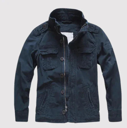 Herrjeansjacka – Regular Fit – Flera Fickor – Knäppning – Hög Krage