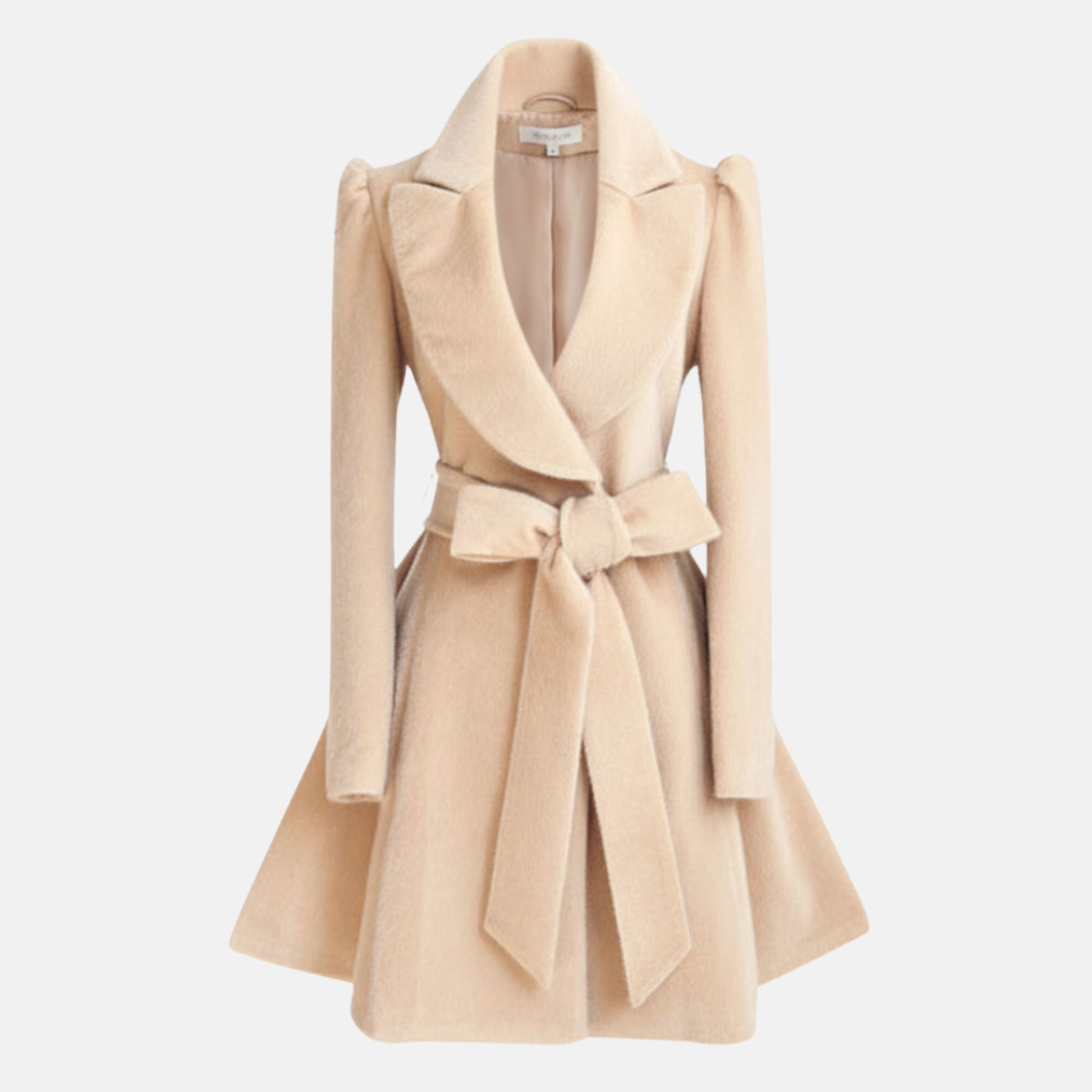 Damkappa – Slim Fit – Ullkänsla – Vidkragad – Midjebälte med Rosett – A-linjemodell