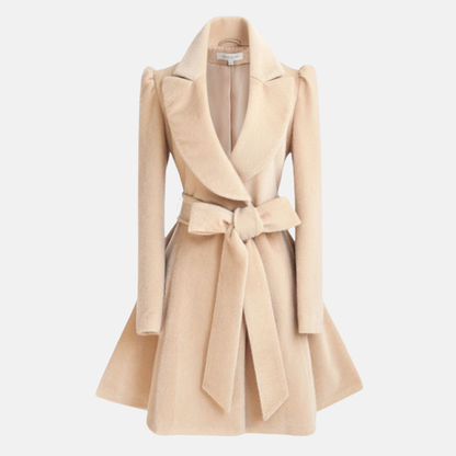 Damkappa – Slim Fit – Ullkänsla – Vidkragad – Midjebälte med Rosett – A-linjemodell