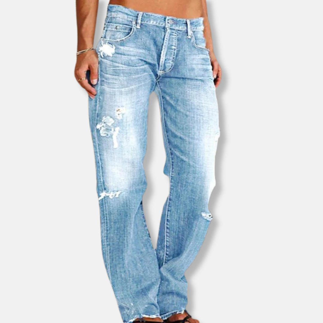 Damjeans – Hög Midja – Avslappnad Passform – Utsvängda Ben – Sliten Denim – Rå Kant