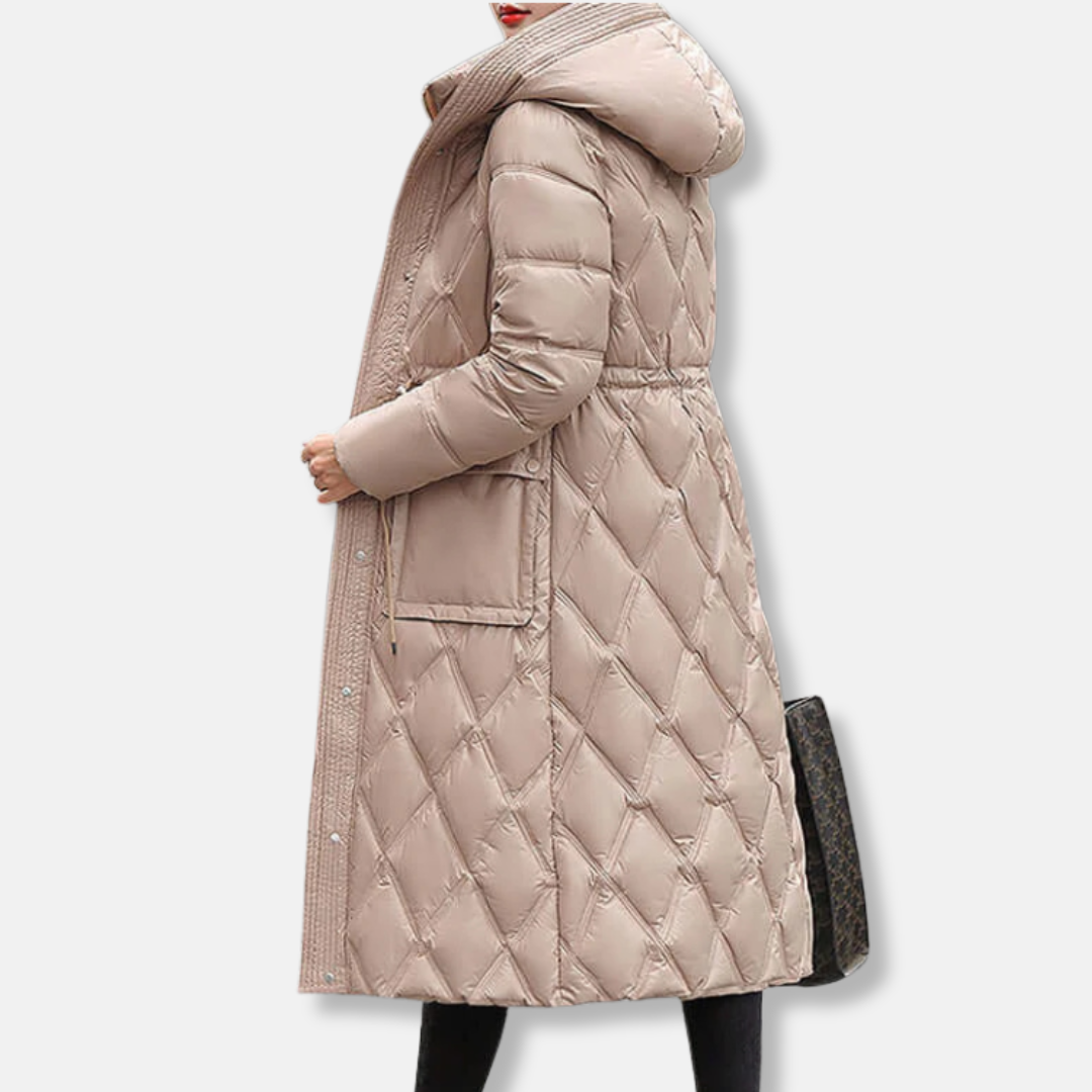 Damjacka – Vadderad Knälång – Vattenavvisande – Huva – Quiltad med Tryckknappar