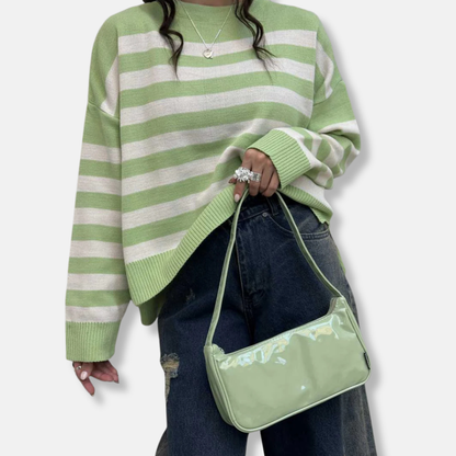 Damtröja – Lös Passform – Randigt Stickat Tyg – Ribbad Rund Hals och Muddar