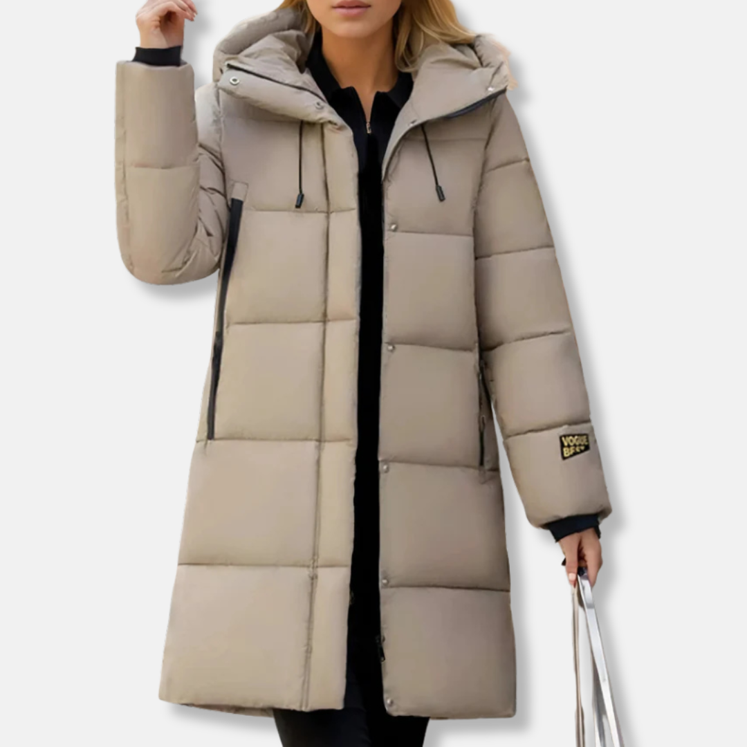 Dam Lång Pufferjacka – Quiltat Fodrat Tyg – Oversized Passform – Huva med Dragsko