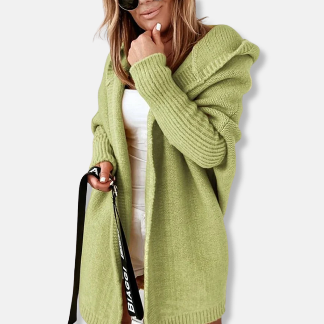 Dam Jacka – Oversize Passform – Stickad – Huva – Öppen Front – Ribbad Mudd
