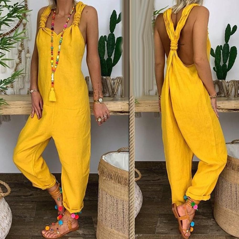 Dam Jumpsuit – Avslappnad Passform – Andningsbar Mix – Öppen Rygg – Knytband
