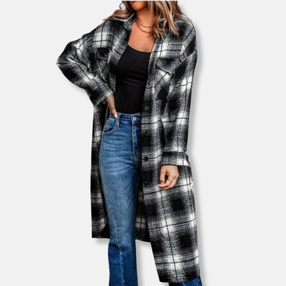 Dam Lång Cardigan Shacket – Oversize Passform – Rutigt Mönster – Knäppning – Bröstfickor