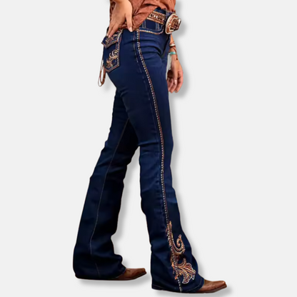 Damjeans Bootcut – Broderade Detaljer – Kontrastsömmar – Hellång Västernstil