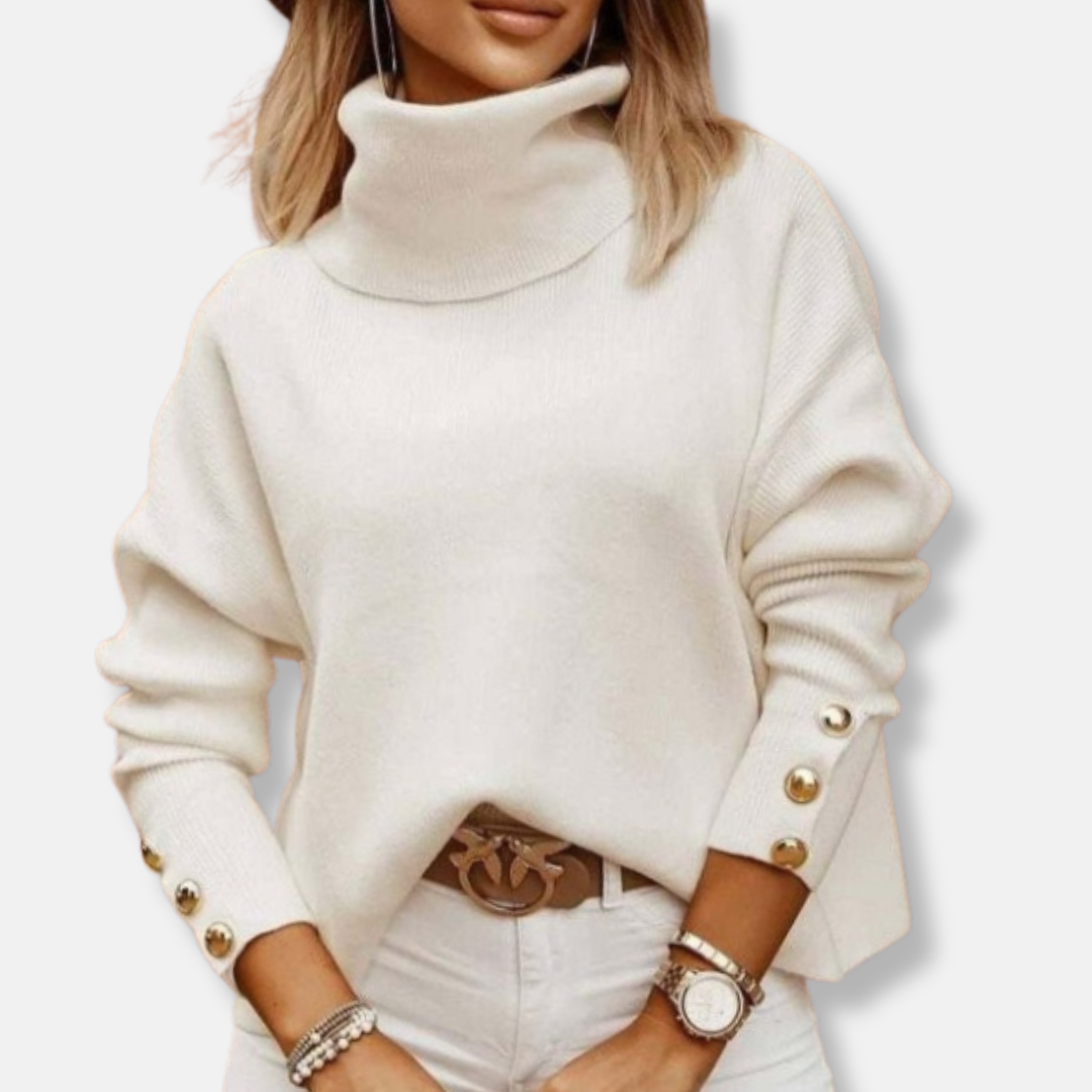 Damtröja med Turtleneck – Avslappnad Passform – Finstickad Ull – Knappdetaljer ärm