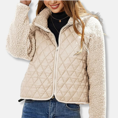 Damjacka – Quiltad med Sherpaärmar – Avslappnad Passform – Kort Skuren med Krage