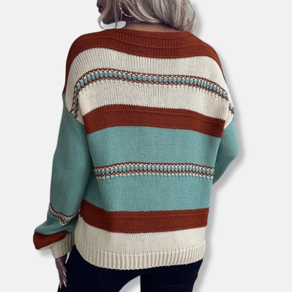 Damtröja – Avslappnad Passform – Stickad – V-ringning – Randigt Mönster – Lång Ärm
