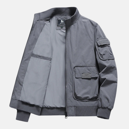 Herr Bomberjacka – Avslappnad Passform – Ribbad Krage och Muddar – Flera Fickor