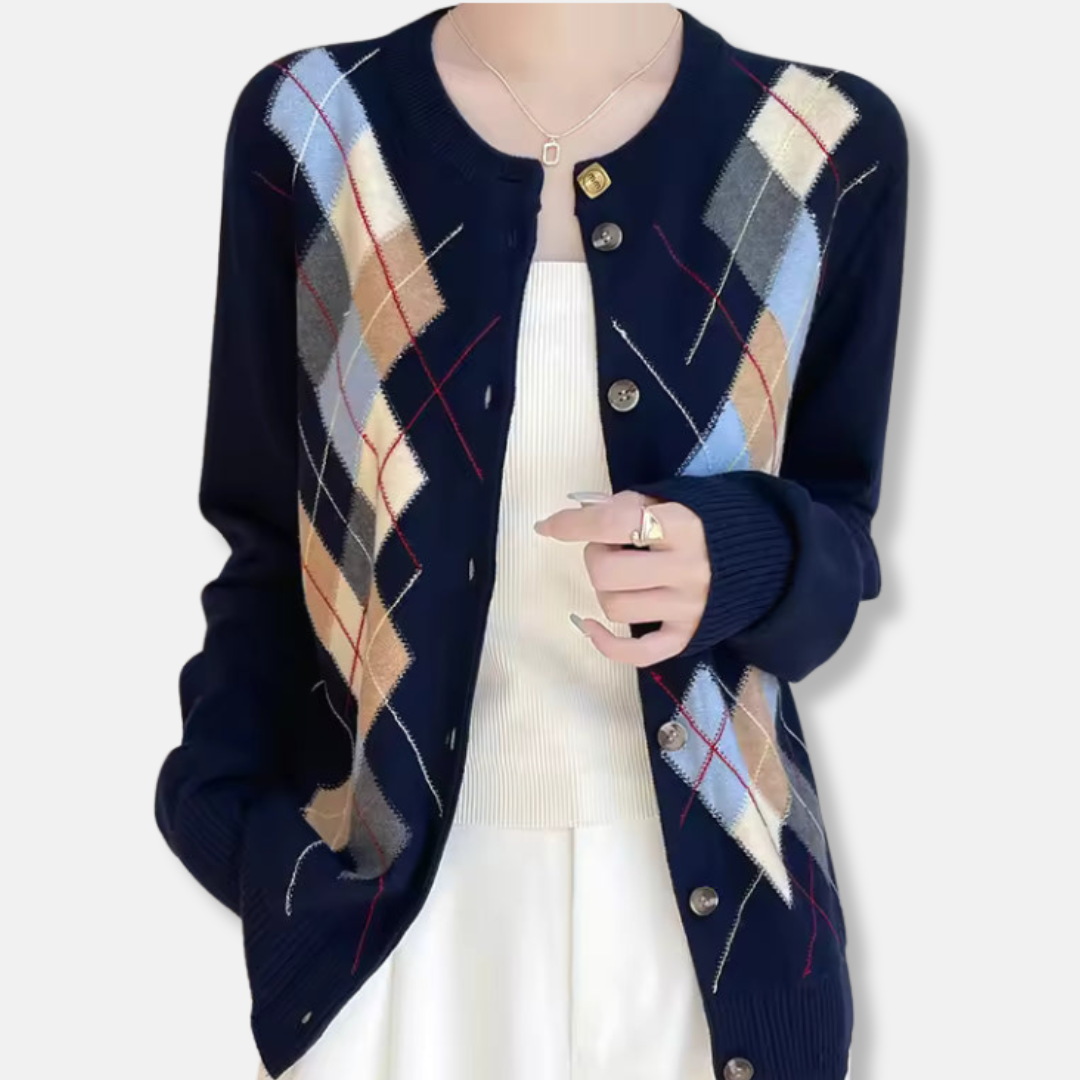 Damkofta – Stickad Ullblandning – Argylemönster – Knäppning – Rund Hals