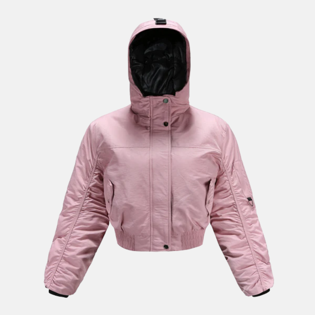 Damjacka – Kort Puffmodell – Huva med Justerbar Dragsko – Ribbad Kant – Knäppning