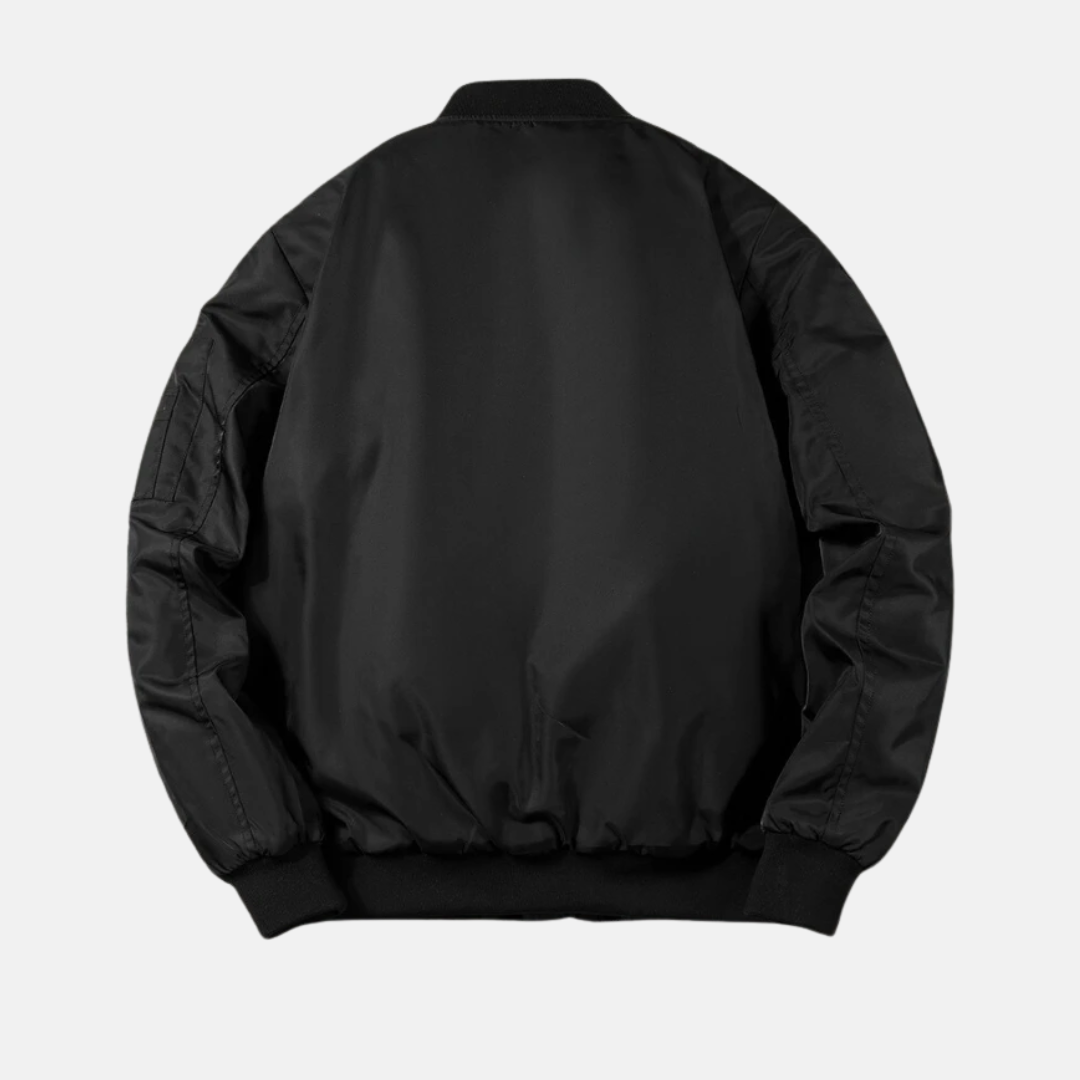 Herr Bomberjacka – Avslappnad Passform – Vadderat Foder – Ribbad Krage och Muddar – Ärmficka med Dragkedja