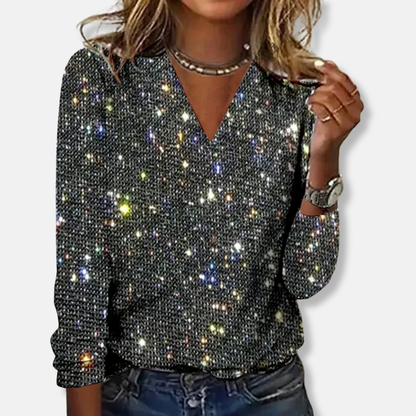 Amelia Glittertopp V-ringad Avslappnad Passform | Lång Ärm Topp