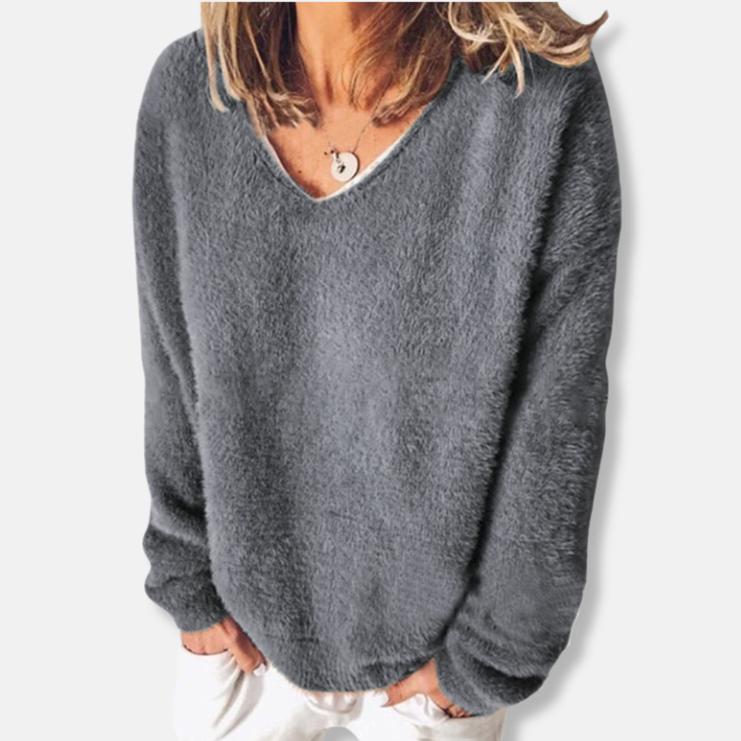 Damtröja med V-ringning – Avslappnad Passform – Mjuk Fluffig Textur – Lång ärm