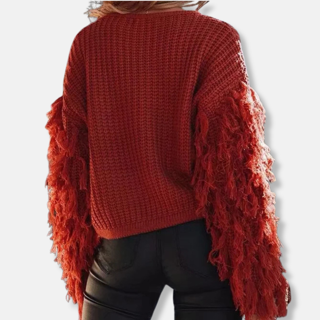 Damtröja – Chunky Stickning – Avslappnad Passform – Fransdetalj – Droppad Axel