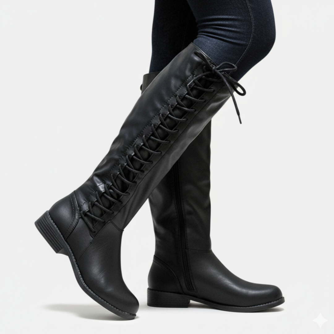 Damstövlar Knähöga – Strukturformad Passform – Snörning – Dragkedja – Låg Klack