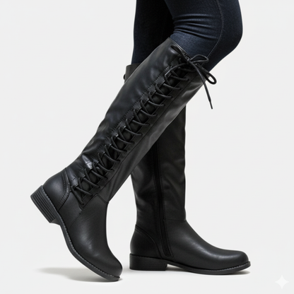 Damstövlar Knähöga – Strukturformad Passform – Snörning – Dragkedja – Låg Klack