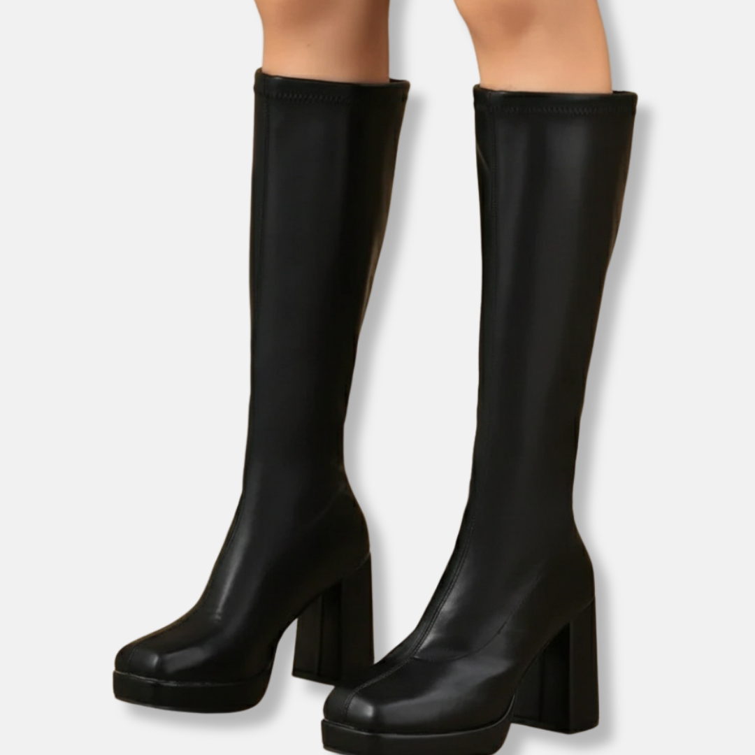 Damstövlar över Knä – Chunky Klack – Plattformssula – Smal Passform – Modern Stil