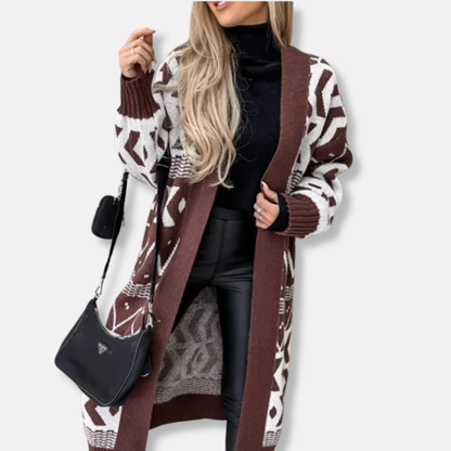 Damkofta Lång – Lös Passform – Stickad – Geometriskt Mönster – Öppen Front