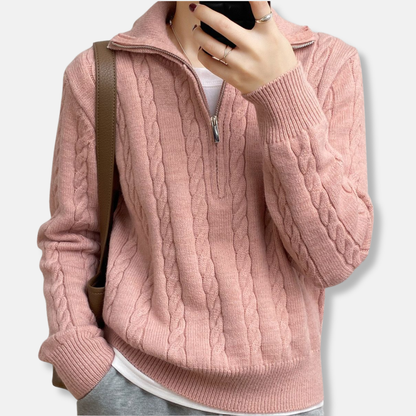 Damtröja med Halv Dragkedja – Cable Knit i Bomull – Avslappnad passform – Vardagsplagg