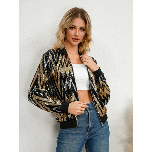 Dam Bomber Jacka – Paljetterad Design – Zigzag Mönster – Avslappnad Passform – Dragkedja