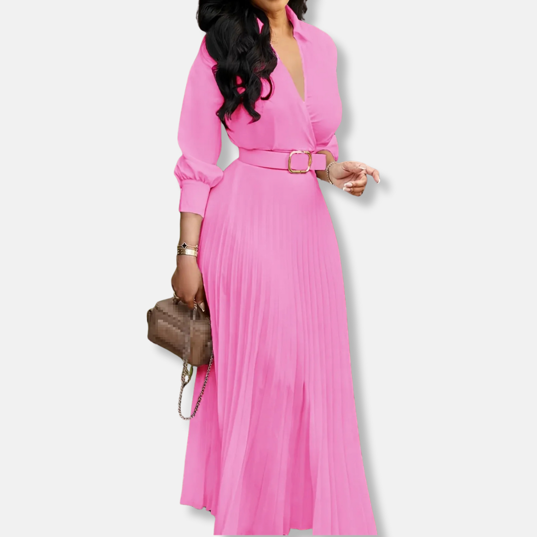 Damklänning Midi – A-linjeformad med Omlottdesign – Puffärm – Plisserad Kjol – Skärp i Midjan