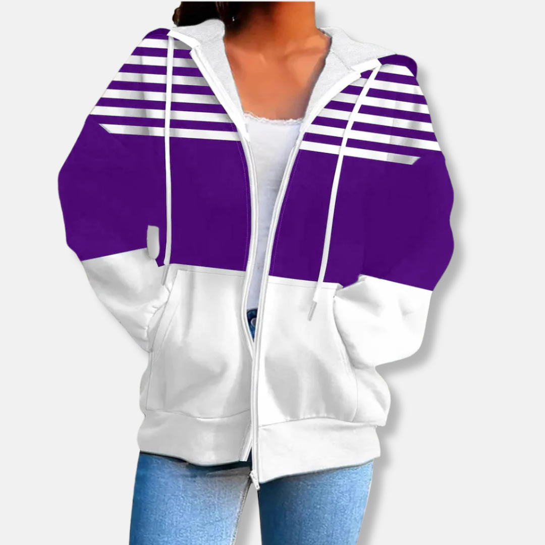 Damjacka med Huva – Oversized Passform – Randigt Mönster – Dragkedja – Fickor