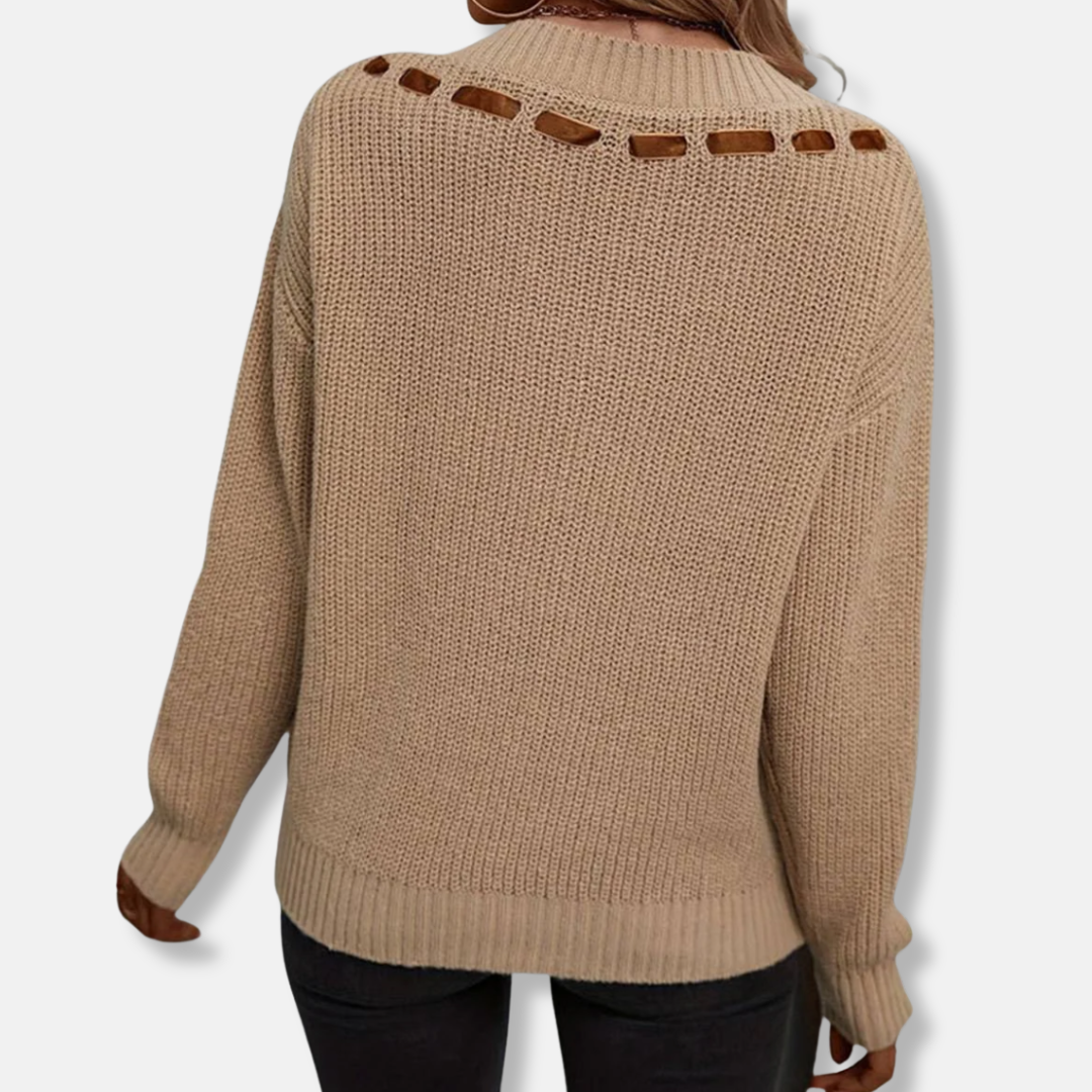 Damtröja – Avslappnad Passform – V-ringning med Ribbade Detaljer – Lång Ärm – Knuten Rosett