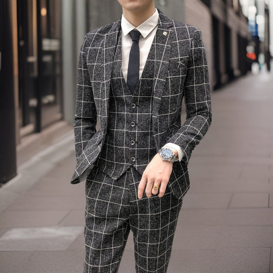 Herrkostym 3-delad – Slim Fit – Ullblandning – Rutmönster – Formell Stil