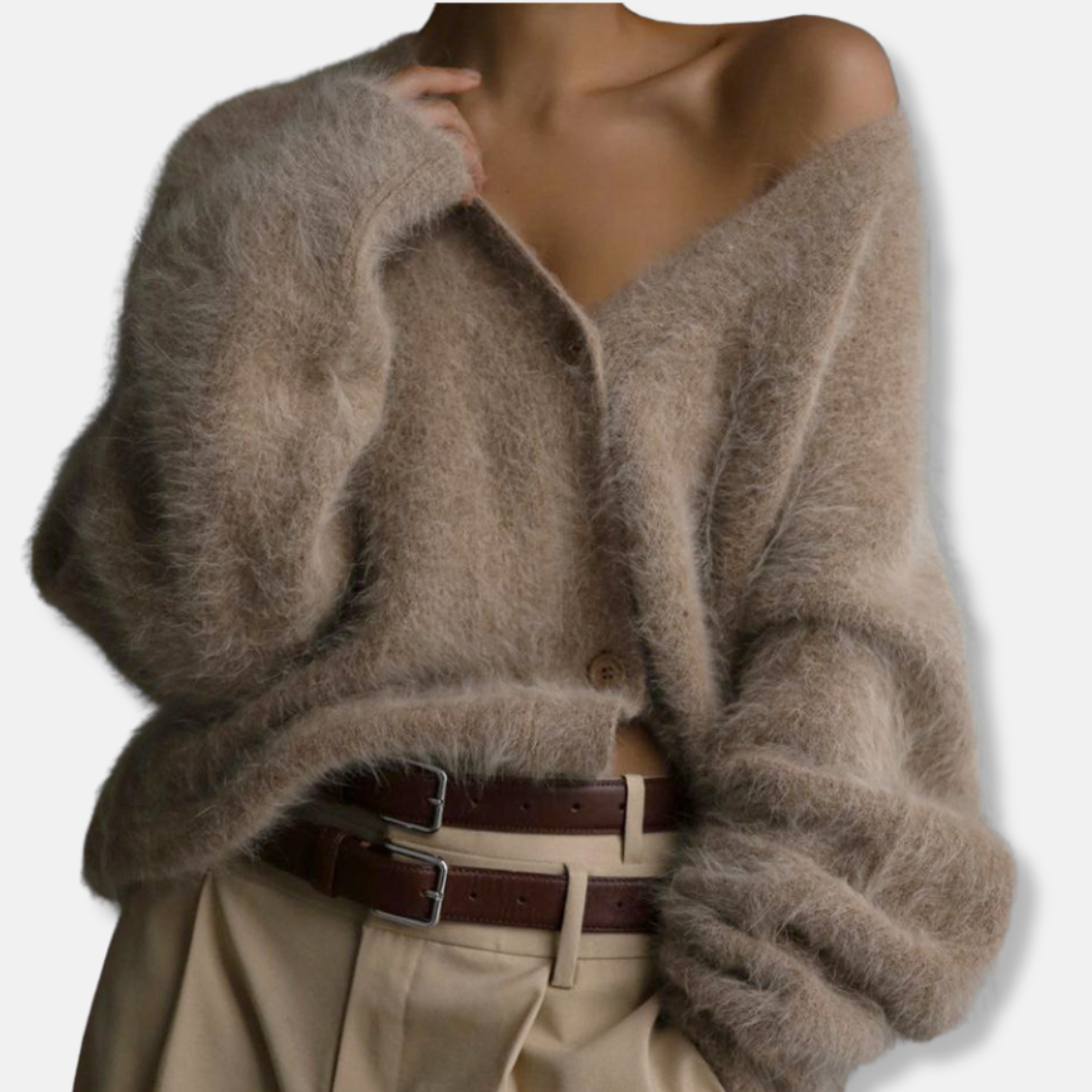 Damtop – Oversized Passform – Borstad Stickad Struktur – V-ringning med Knappar