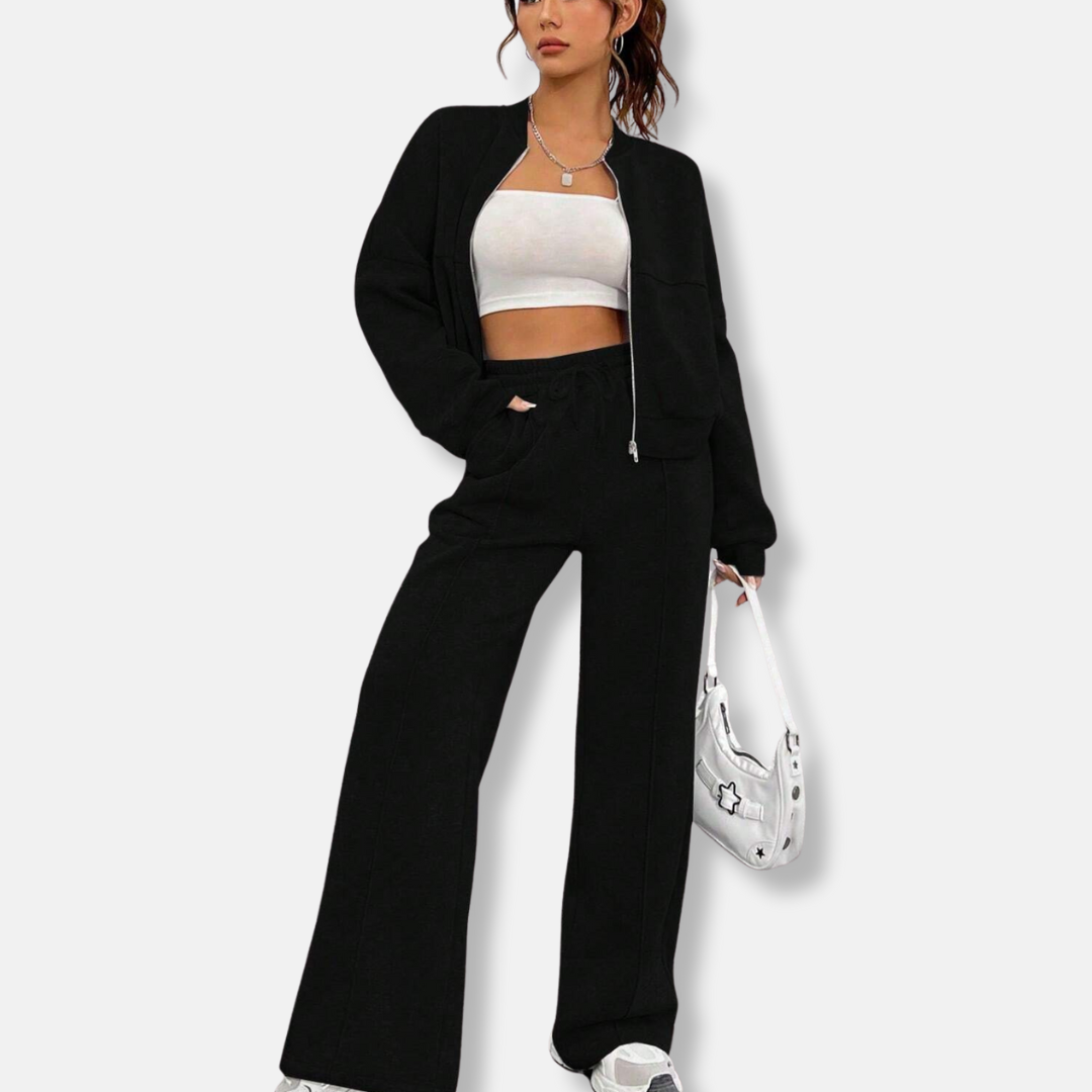 Damset Bomber Jacka och Byxor – Oversize Passform – Hög Midja – Mjuk Bomullskänsla