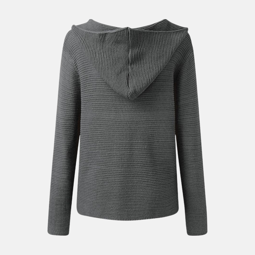 Damkofta med Huva – Stickad Ullblandning – Avslappnad Passform – Knäppning – Fickor