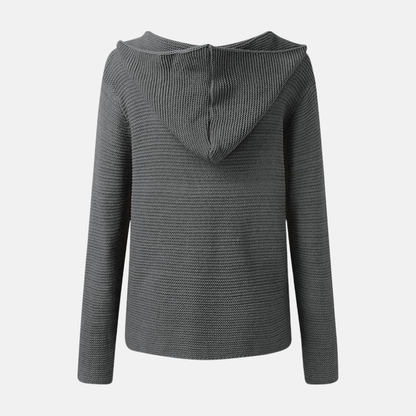 Damkofta med Huva – Stickad Ullblandning – Avslappnad Passform – Knäppning – Fickor