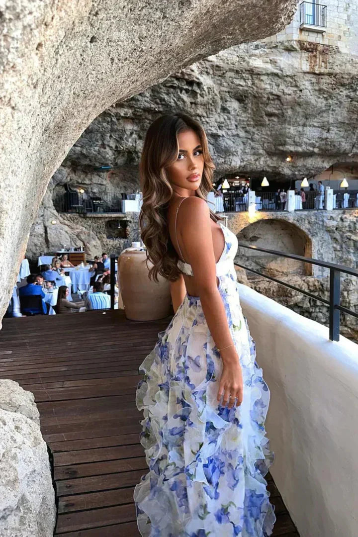 Damklänning maxi – Smal passform – Volangkjol – Lätt och andningsbar – Blommig design