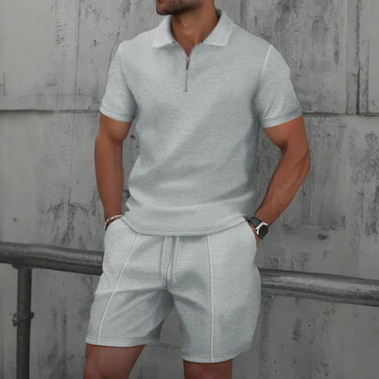 Herr Co-ords Set – Slim Fit Pikétröja och Shorts – Mjukstickat – Dragkedja i halsen
