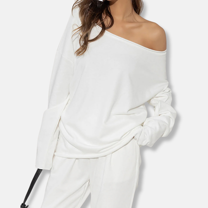 Damtröja – Avslappnad Oversize Passform – Asymmetrisk Off-Shoulder – Mjuk Stickad