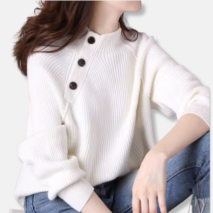 Damtröja – Lös Passform – Ribbstickad – Polokrage – Asymmetrisk Knappdetalj