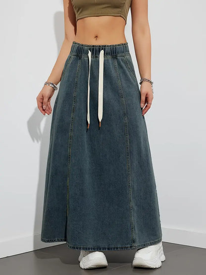 Dam Jeanskjol – Lång High Waist – Elastisk Midja med Dragsko – Casual och Bekväm