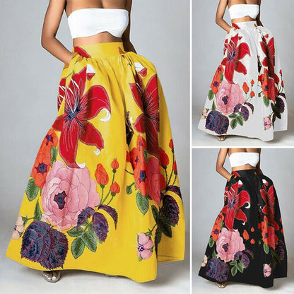 Dam Maxi Kjol - Blommigt Mönster - Hög Midja - Flödande Elegant Passform