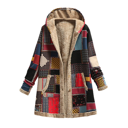 Damkappa - Patchwork Design - Varm Fleecefodrad - Huva & Knappstängning